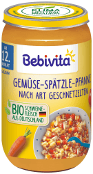 Bebivita Menüs ab 12. Monat Gemüse-Spätzle-Pfanne nach Art Geschnetzeltem, 6er Pack (6 x 250g), Mittel Gemüse-Spätzle-Pfanne nach Art Geschnetzeltem 250g Angebot bei HelloDeals
