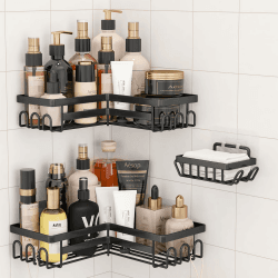 rigors Duschablage ohne Bohren, 3 Stück Duschregal Ecke mit Haken, Duschregal Edelstahl Duschkorb Wandhängend, Selbstklebend Badezimmer Organizer für Bad und Küche Schwarz 3-schwarz