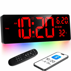 XREXS 16,5'' Große Digitale Wanduhr, automatische Zeitkalibrierung, rotes Digitaldisplay mit bunter Umgebungslichtleiste, Uhr/Temperatur/Kalender/Timer/Wecker, für Wohnzimmer, Küche, Wohnzimmer, Büro