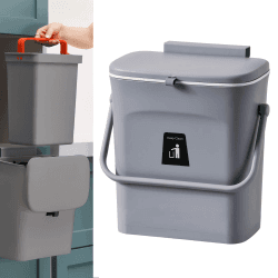 FARI 2-in-1 Küchen-Mülleimer mit Schiebedeckel, Mülleimer unter der Spüle, 9 L Abfalleimer mit Innenfass, tragbarer Mülleimer zum Aufhängen mit klebrigem Haken und Schaber (Grau)