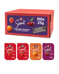 Schwartau Samt Portionen Mix-Box, Konfitüre Portionsschalen (50 x Erdbeere, 25 x Aprikose, 25 x zweierlei Kirsch), Großpackung, 100 x 25g Samt Mix-Box