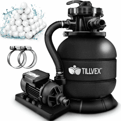 tillvex® Sandfilteranlage Pool 7.900L/h inkl. 400g Filterbälle | Filteranlage 7-Wege Ventil & 2in1 Adapter Ø32mm - 38mm | Poolfilter mit Druckanzeige | Sandfilter für Schwimmbecken (Schwarz)