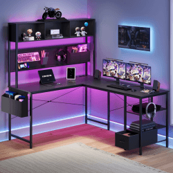 Dowinx LED Gaming Tisch, L-förmiger Schreibtisch mit Stecktafel und Stauraum, Umkehrbarer Computertisch mit Steckdosen und USB, Büro-Eckschreibtisch für Heimspiel Schwarz, 148x120cm
