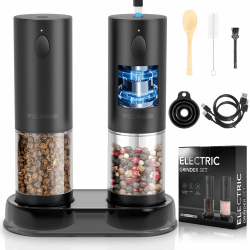 Pourbibi Salz und Pfeffermühle, Salz und Pfeffermühle Elektrisch, USB 2 Sätze Salz und Pfefferstreuer with LED Beleuchtung, Wiederaufladbar Pfeffermühle Elektrische mit Einstellbarem Keramikmahlwerk