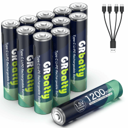 GRbatty USB Wiederaufladbare AAA Lithium Akkus 12 Stück, USB C Wiederaufladbare AAA Lithium Batterien, 1200mWh 1.5V mit 4-in-1 Ladekabel, 1 Stunde Schnelles Aufladen AAA Wiederaufladbare Batterie