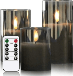 Eldnacele LED Kerzen mit Timerfunktion, flammenlose Kerzen mit Fernbedienung, elektrische Echtwachskerzen im Glas, flackernde Flamme 3-teilige led Kerzen-Set, Art Zimmer Deko, Grau A-grau