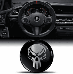 Biomar Labs 3D Silikon Aufkleber Kompatibel mit BMW 36131181082 Emblem Lenkrad 45mm Plakette Zubehör Teile Decals Lenkrad Dekoration Schädel Totenkopf Silber Schwarz V 19