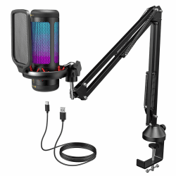 TONOR RGB Gaming Mikrofon PC Set Heilligkeit Verstellbar, USB Microphone mit Mikrofonarm für Computer PS4/5, Kondensatormikro mit Mikrofonständer, Mic für Streaming Podcasting Studio Aufnahme, TC310+ TC310 mit Auslegerarm Schwarz
