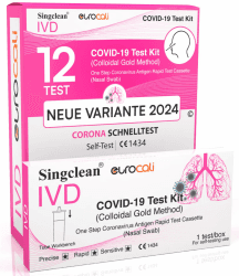 12x Corona Schnelltest Neue Variante 2024 Test Covid-19 Selbsttest Nasales Antigentest auf SARS-CoV-2 für zu Hause zur Eigenanwendung - Singclean IVD - 12 Stück Einzelverpackt