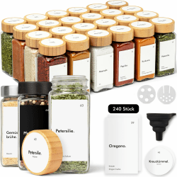 KIVY Gewürzgläser mit Streueinsatz [24x 120ml] + 240 Wasserfeste Label - Luftdichte Gewürzgläser eckig (Gewürzgläser Bambusdeckel)
