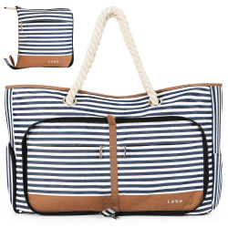 Lekespring Strandtasche Damen Groß mit Reißverschluss, Vielseitiger Damen Shopper Badetasche Saunatasche Reisetasche Tote Bag für Strand Reisen Einkaufen Sport u.Arbeit (Gestreift) Blau Gestreift