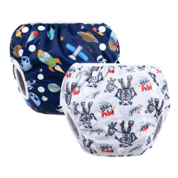 Vicloon Baby Schwimmhose(2-teilig),Schwimmwindel wiederverwendbar,Verstellbarer,Waschbar Schwimmwindel für Kleinkinder von 0 bis 3 Jahren -Blaues Universum/Weißer Roboter 2pcs(blau+weiß)