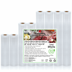 KitchenBoss Vakuumierbeutel Vakuumierfolie Folienrollen Vakuumbeutel-Lebensmittel：Vakumierfolienrollen Einschweissbeutel, BPA Frei Folienbeutel für Vakuumiergerät, 8 Rollen 15x2/20x2/28x4/x300cm