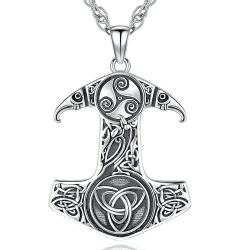 Wikinger Schmuck Viking Kette Herren Halskette 925 Sterling Silber Valknut Anhänger Nordische Mythologie Wolf Rune Keltischer Knoten Schmuck für Damen Herren Thors Hammer-C