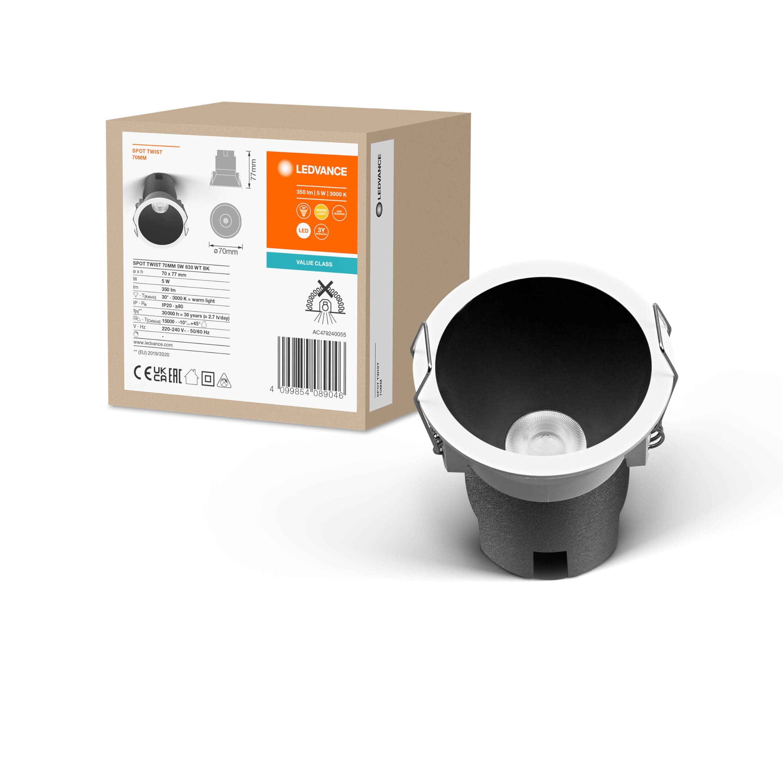 Ledvance SPOT TWIST Einbau-Downlight, schwarz, 5W, 400lm, 830 WT, 70mm Durchmesser, warmweiße Lichtfarbe, bis zu 90% Energieersparnis im Vergleich zu Halogen-Downlights, einfache Montage, 3000K Schwarz 70mm warmweiß