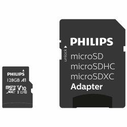Philips Ultra Speed microSDXC Card 128 GB + SD Adapter UHS-I U1, Lesegeschwindigkeit bis zu 80 MB/s, A1 Fast App Performance, V10, Speicherkarte für Smartphones, Tablet, PC, Card Reader, Full HD Video 128 GB single