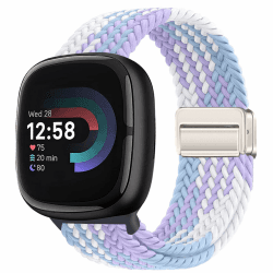 Yeahxing Geflochtene Magnetisch Armband Kompatibel mit Fitbit Versa 4/Versa 3/Sense 2/Sense 1,Weiche elastische Nylon Sport Loop Strap mit Magnetverschluss für Frauen Männer Bleu Violet Blanc