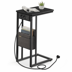 VASAGLE Beistelltisch, Sofatisch mit Ladestation, C Form, Couchtisch klein, Stofftasche, verstellbare Füße, Schlafzimmer, Wohnzimmer, 2 USB-Anschlüsse, 2 AC-Steckdosen, ebenholzschwarz LET356B02V1 Ebenholzschwarz Mit Ladestation