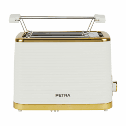 Petra PT5032WVDE 2 Scheiben Toaster – Inklusive Erwärmung Aufsatz für Brötchen/Gebäck, Auftauen, Aufwärm & Abbruchfunktion, Abnehmbare Krümelschublade, 7 Einstellbare Bräunungsstufen, 930W, Weiß/Gold