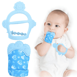 Vicloon Baby Beißhandschuhe mit Beißring Spielzeug, Weicher Beissring Baby,BPA Frei,Beruhigen Sie wundes Zahnfleisch,Handschuhe Beißring Spielzeug für 0-6 Monate Baby-Blau Handschuhe+beissring -Blau