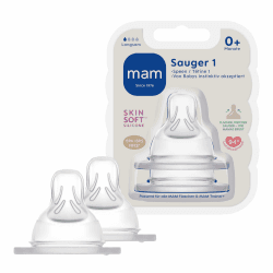 MAM Sauger Größe 1 im Doppelpack, Flaschensauger (Durchflussrate langsam), weicher Trinksauger passend für alle MAM Flaschen/Trainer, ab der Geburt transparent 2 stück (1er Pack)