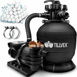 tillvex Sandfilteranlage Pool 10 m³/h inkl. 800g Filterbälle | Filteranlage 7-Wege Ventil & 2in1 Adapter Ø32mm - 38mm | Poolfilter mit Druckanzeige | Sandfilter für Schwimmbecken (Schwarz)