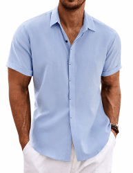 COOFANDY Leinenhemd Herren Kurzarm Hemd Button Down Regular Fit Freizeithemden Sommer Strand Leinen Shirt XL Hellblau
