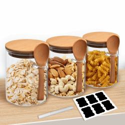Vorratsgläser mit Deckel und Löffel 3er Set 540ml Vorratsdosen aus Glas mit Bambusdeckel, Küche luftdicht Aufbewahrungsgläser Gewürzgläser, Joghurtgläser, Glasbehälter Set 3PCS