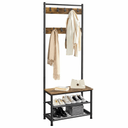 Yaheetech Garderobenständer Kleiderständer mit 3 Ablagefächer Schuhablagen mit Garderobenhaken, Höhe 184,5cm, Breite 72,5cm, Tiefe 33cm, für Schlafzimmer, Ankleide, Wohnzimmer oder Abstellraum Vintage Vintage Braun