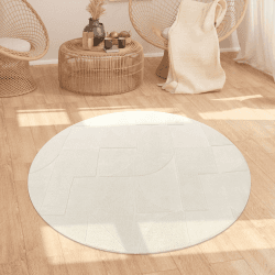 Paco Home Teppich Wohnzimmer Schlafzimmer Hochflor Skandinavisches Muster Boho Optik Weich Uni 3D Optik Abstrakt Waschbar Creme, Grösse:120 cm Rund 120 cm (Rund) Creme - Geometrisch 1