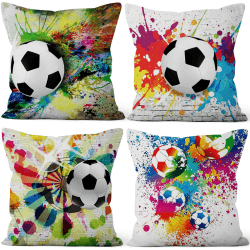 Aoihrraan 41x41cm 4er Set Dekorativ Fußball Kissenbezug Sport Hingabe Regenbogen Farbe Fußball Bälle Gekritzel Polka Punkt Zierkissenbezug Quadratische Couchkissen Junge Sofa Schlafzimmer Couch 41 x 41 cm, 4 Stück Fußball B