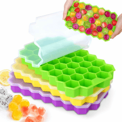 MOSOTECH Eiswürfelform Silikon, 3er Pack 37-Fach Eiswuerfel Form Mit Deckel, Stapelbar Eiswürfelbehälter Ice Cube Tray für Bier Cocktails Whisky Grün/Gelb/Lila