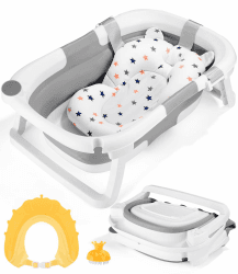 Baby Badewanne Faltbare Babybadewanne Babywanne,Kommt mit Wannenkissen, Duschkappe, Duschbürste, graue tragbare faltbare Badewanne, geeignet für Neugeborene und Kleinkinder Grey+White