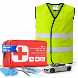 2 in 1 Set Auto Erste Hilfe Kit 2025 - KFZ-Verbandskasten, Warnweste - Pannenset & Unfallzubehör für PKW 1x