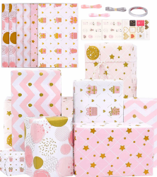 Geschenkpapier Geburtstag Mädchen Frauen, 6 Blätter 50 x 70 cm Geburtstagspapier Rosa, Geschenkverpackung Papier Kinder Wrapping Paper mit Bänder für Hochzeit Babyparty Einschulung Taufe