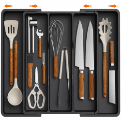Lifewit Besteckkasten für Schubladen, erweiterbarer großer Besteckkasten für die Küche, verstellbarer Besteckeinsatz für Schubladen, Kunststoff Küchenzubehör, Trenneinsatz, groß, schwarz Schwarz 1