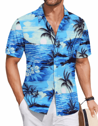 COOFANDY Hemd Herren Kurzarm Hawaii Hemden Sommer Strandhemd Urlaub Hawaiihemd Blumen Hemd Aloha Herrenhemden Palme Blau XL