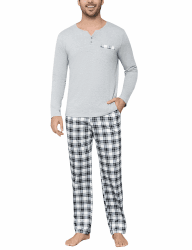 Bresdk Schlafanzug Herren Pyjama Set Lang Baumwolle mit 2 Knöpfen Zweiteilige Nachtwäsche XL Hellgrau