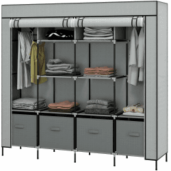 HOMCOM Stoffschrank Kleiderschrank, Faltschrank mit Kleiderstange, 4 Schubladen, 10 Fächern, Garderobe in Vlies-Optik für Flur, Schlafzimmer, 166 x 42,5 x 169,5 cm, Dunkelgrau