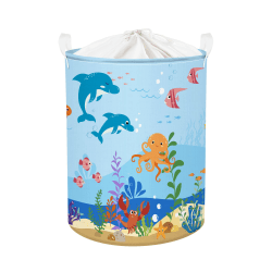 Clastyle 45L Ozean Tiere Delfine Meeresschildkröte Krake Wäschekorb Qualle Fisch Blau Rund Spielzeug Kleidung Aufbewahrungskorb für Kinderzimmer, 36x45 cm Meerestier 36*45 cm