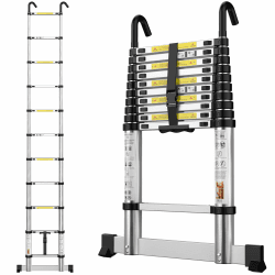 gymount Teleskopleiter 3,2 m, Leiter Ausziehbar mit Stabilisatorstange und Abnehmbaren Haken, Alu-Klappleiter, 150 kg Belastbarkeit 3.2m with stabiliser
