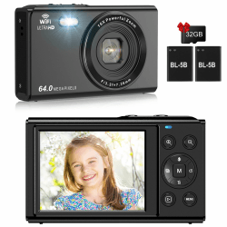 SOPPY Digitalkamera 64MP Fotokamera FHD 1080P Kompaktkamera, 2,8'' LCD Bildschirm Vlogging Kamera mit 32G Karte,16-fachem Digitalzoom Minikamera für Jungen Mädchen Kinder Anfänger, Schwarz