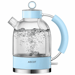 ASCOT Wasserkocher Glas, Elektrischer Wasserkocher Geschenke für Männer/Frauen/Familie 1,5L, Retro Leiser Schnellkochkessel, Trockengehschutz und automatische Abschaltung (Blau)
