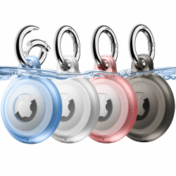 JETech 4 Stück wasserdichte Hülle für AirTag mit Schlüsselanhänger, Ganzkörper Anti-Kratzer Air Tag Schlüsselring Halter Schutzhülle für Kinder, Haustierhalsband (Schwarz/Klar/Rosa/Blau)