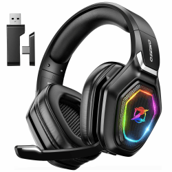 Ozeino Kabelloses Gaming-Headset mit Mikrofon, 2,4 G & Typ-C-Sender, 30 Stunden Akkulaufzeit, RGB-Beleuchtung Gaming-Kopfhörer für PS5, PS4, PC, Telefon Schwarz Mattiert