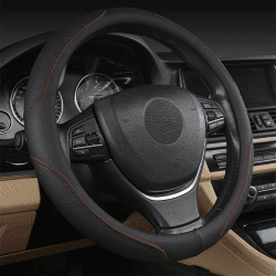 Coofig Auto Lenkradbezug mit Strapazierfähigem PU-Leder, Lenkradabdeckung Universell, 38cm (15 Zoll), Passend für Auto, LKW, SUV, Atmungsaktiv, rutschfest, für Damen und Herren 4 schwarze rot Linien