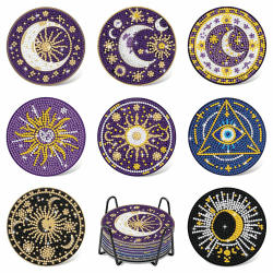 8 Stück Diamond Painting Untersetzer Mit Halter, Diamond Painting Erwachsene, Diamant Tassenuntersetzer Diamond Painting Zubehör, DIY Mond Stern Sonne Untersetzer rutschfest für Erwachsene, Anfänger