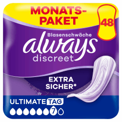 Always Discreet Inkontinenzeinlagen Ultimate Day, 48 Binden (4 x 12 Stück) für Damen, Monatspaket, starker Schutz bei Blasenschwäche, den Sie kaum spüren