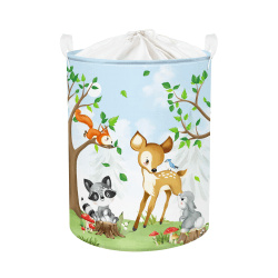 Clastyle 45L Safari Tiere Baum Hirsche Waschbär Kaninchen Grün Wäschekorb Fuchs Bär Igel Spielzeug Kleidung Aufbewahrungskorb für Kinderzimmer, 36x45 cm Waldhirsch 36*45 cm