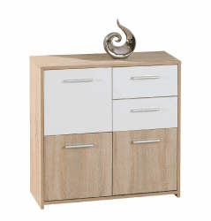 Dmora Sideboard mit drei Türen und zwei Schubladen, Weiß und Eiche, Maße 77 x 77 x 30 cm 77 x 77 Rovere
